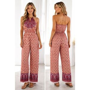 NWT Angie Sunset Challis Halter Jumpsuit Wide Leg Boho Print Med